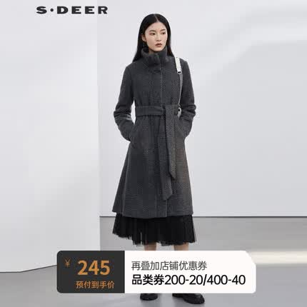 S.DEER圣迪奥女装立领收腰仿羊羔绒长款大衣S223Z1856 蓝灰/04 L/170