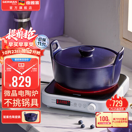 德国宝(German Pool)电陶炉煮茶 2200W大功率低辐射多功能火锅炉光波电池炉台式加热防干烧烧菜 单机+紫气聚宝陶瓷锅