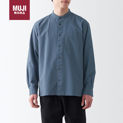 无印良品（MUJI）男式 棉水洗牛津 立领长袖衬衫休闲百搭衬衫 蓝色 L 