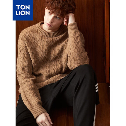 唐狮(TonLion)2023毛衣男复古慵懒风圆领毛衫宽松 棕色 L
