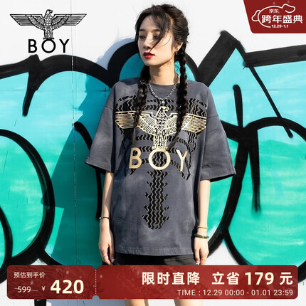 BOY LONDON短袖男女同款复古烫金LOGO水波纹分割感潮流T恤N01032 金色 L/此款偏大,建议拍小一码