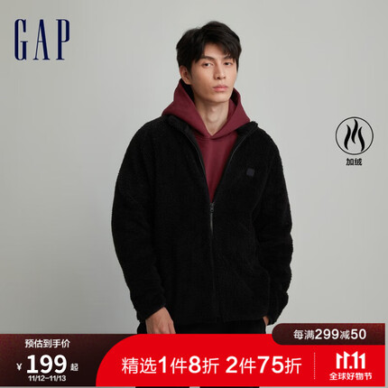 Gap男女装秋季2023新款LOGO抱抱绒立领运动卫衣817851休闲上衣 黑色 180/96A(M)