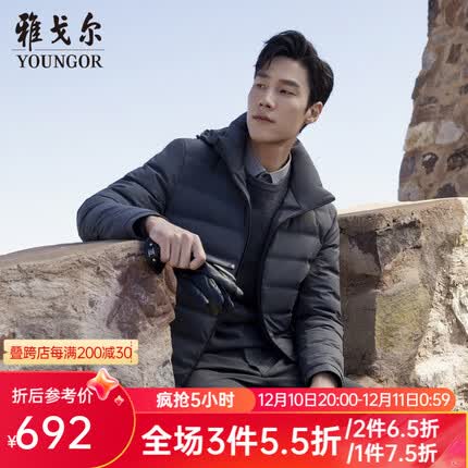 雅戈尔（YOUNGOR）羽绒服男立领连帽短款羽绒服聚酯纤维不易皱保型弹性耐穿 灰色 170/92A