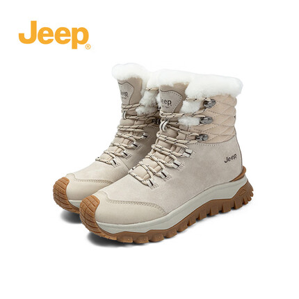 Jeep吉普加绒加厚雪地靴女冬季户外厚底短靴保暖棉鞋 灰色 36