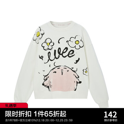 乐町【Wee联名系列】wee大图卫衣可爱漫画少女宽松圆领套头C2BFC4501 白色 S