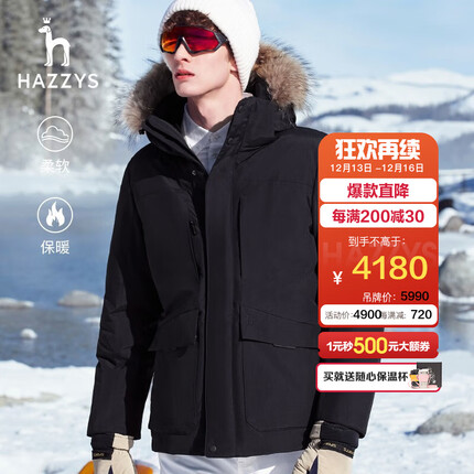 哈吉斯（HAZZYS）男装2023冬季外套可脱卸貉子毛领羽绒服ASFZU0ADX08 藏青色NV 175/96A 48