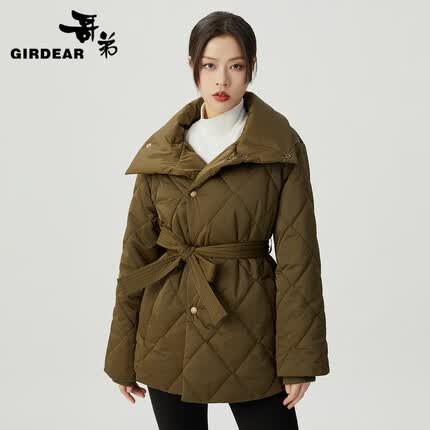 哥弟【GD】高领系腰新雪丽绗缝暖冬中长款宽松棉服上衣外套女1400729 苔绿 M(3码)