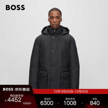 BOSS男士2023秋冬徽标羽绒填充防泼水连帽派克大衣 001-黑色 EU:46