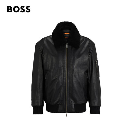 BOSS男士2024早春可拆卸衣领毛羊皮飞行员夹克 001-黑色 EU:46