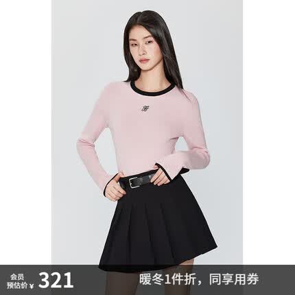 欧时力(ochirly)打底美丽诺羊毛毛衣女修身长袖打底毛衣2023新款撞色提花 粉红180 M