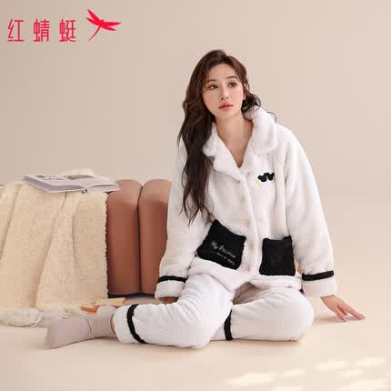 红蜻蜓睡衣女冬加厚法兰绒翻领休闲可外穿保暖家居服套装杏色 L码
