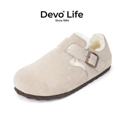 Devo Life的沃软木鞋休闲冬季毛加绒内里保暖包头软木包头女鞋96008 灰色反绒皮+白毛 36