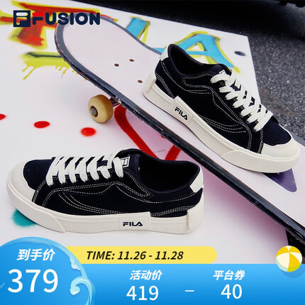 FILA FUSION斐乐女鞋帆布鞋女 低帮板鞋POP轻质帆布鞋休闲运动鞋女 黑-BK 38
