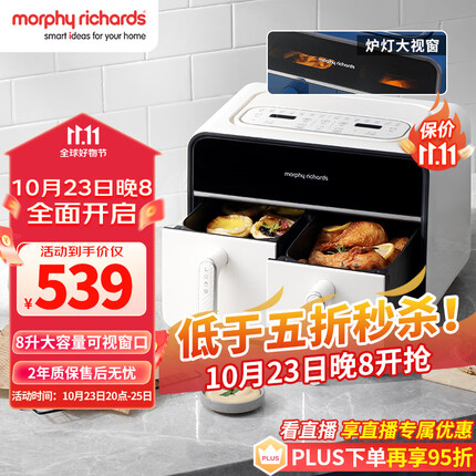 摩飞电器（Morphyrichards）空气炸锅 家用8L大容量可视双炸篮多功能空气炸烤箱 炸薯条鸡翅机MR8100富士白