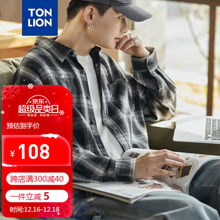 唐狮(TonLion)2023格子衬衫男长袖休闲黑白格纹衬衣 黑色 S