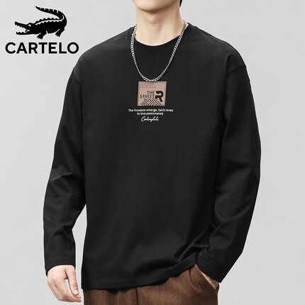 卡帝乐鳄鱼（CARTELO）长袖t恤男秋冬季卫衣男士打底衫休闲纯棉上衣服男装 黑色 L 