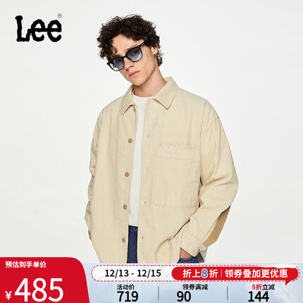 Lee商场同款23秋冬新品舒适版灯芯绒拼接男长袖衬衫LMT006250201 浅卡其 L