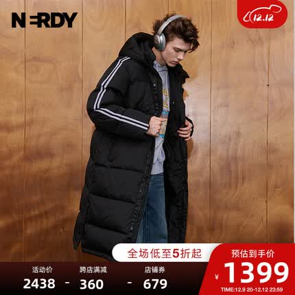 NERDY2023秋冬新品NY双杠系列羽绒服男女同款连帽运动休闲羽绒外套保暖 长款黑色【NY系列】 XS