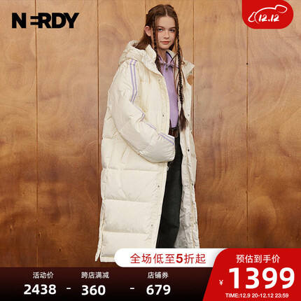 NERDY2023秋冬新品NY双杠系列羽绒服男女同款连帽运动休闲羽绒外套保暖 长款奶油色【NY系列】 M