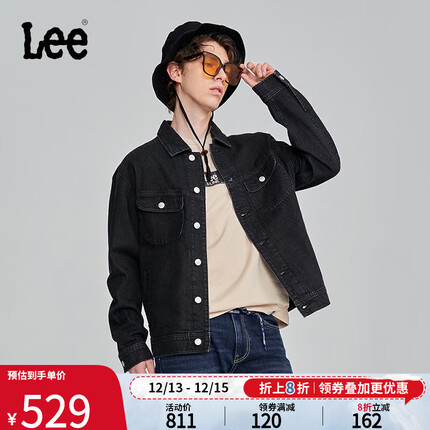 Lee23秋冬新品舒适版翻领黑色水洗骑士牛仔外套男LMT007072100 黑色 L