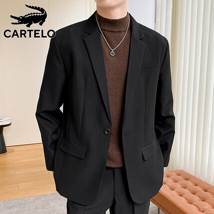 卡帝乐鳄鱼（CARTELO）西服男士外套秋季韩版正装上衣服潮流商务西装男装 黑色 XL