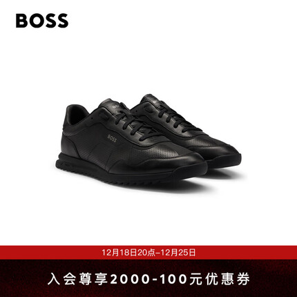 BOSS男士2024早春微孔皮革低帮运动鞋 005-黑色 EU:41