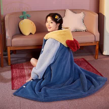 果壳(Gukoo)睡衣女睡袍冬款珊瑚绒睡衣女士家居服保暖连帽蝴蝶结睡袍冬D 蓝色蝴蝶结睡袍1 L