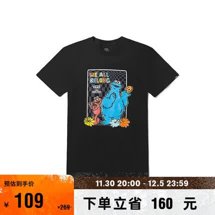 VANS范斯官方 芝麻街联名男女情侣短袖T恤个性酷黑彩色印花 黑色 S