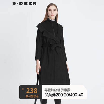 sdeer圣迪奥冬季防风保暖女装腰带修身休闲立领不对称拼接收腰中长款大衣S20481856 黑色/91 M/165
