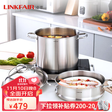 凌丰(LINKFAIR) 304不锈钢蒸锅锅具 双层二层家用大号蒸馒头炖汤电磁炉通用 28CM(高拱盖)