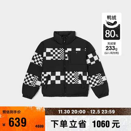 VANS范斯官方 男女情侣羽绒夹克黑色棋盘格个性拼接 黑色 L含绒量:233g