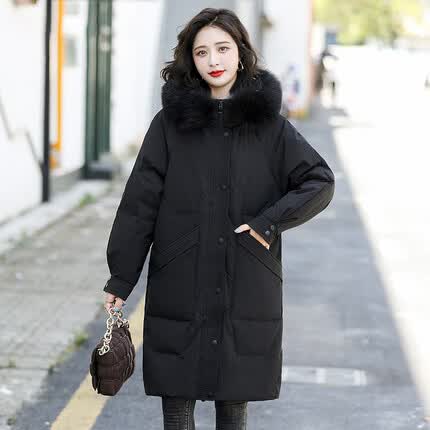 康博秋冬新款女士时尚中长款羽绒服连帽设计可脱卸毛领简约显瘦外套 黑色 L/165(110-120斤）