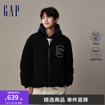 Gap男女装秋季2023新款LOGO发热保暖灯芯绒羽绒服720815夹克外套 黑色 180/96A(M)
