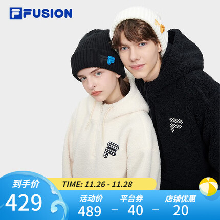FILAFUSION斐乐潮牌情侣卫衣男女装2023冬季仿羊羔绒保暖连帽套头上衣 麦乳色-BG 170/92A/M