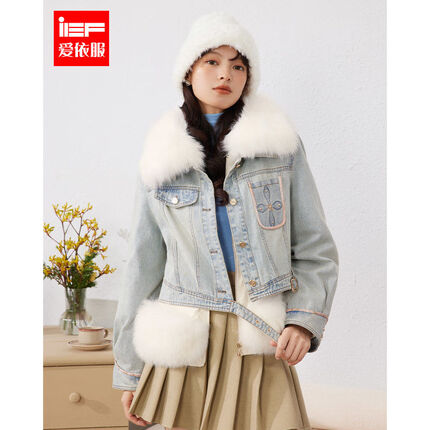 IEF/爱依服热力感2023冬季新款美式小众设计高级感羽绒服牛仔外披 牛仔浅蓝 S