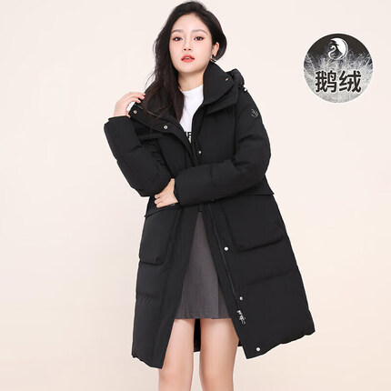 雪中飞秋冬款女士羽绒服中长款大口袋连帽羽绒衣时尚胸章保暖外套 鹅绒填充 X20141456F 黑色 165/88A(L) 