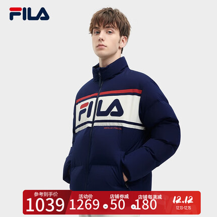 FILA 斐乐女装情侣款羽绒服2023冬季新款休闲简约舒适大LOGO外套 深默蓝-DB 180/100A/XL