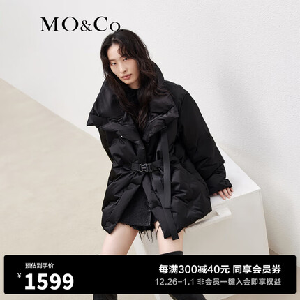 MO&Co.秋冬【90%鸭绒】机车风金属搭扣高领羽绒服外套 黑色-第1批 M/165