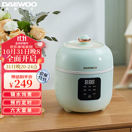 大宇（DAEWOO）电炖锅 电炖盅 隔水炖盅煲汤锅炖汤锅燕窝炖盅婴儿煮粥神器家用养生锅宝宝辅食锅花胶炖盅陶瓷内胆 浅绿色
