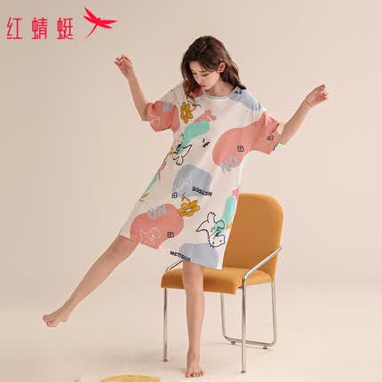 红蜻蜓(RED DRAGONFLY)睡衣女夏季短袖可爱卡通纯棉圆领睡裙可外穿家居服 杏色 XXL码