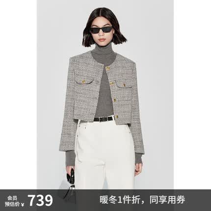ochirly欧时力 CE风金丝纱小香风外套女2023新款秋装格子短款 灰色030 S