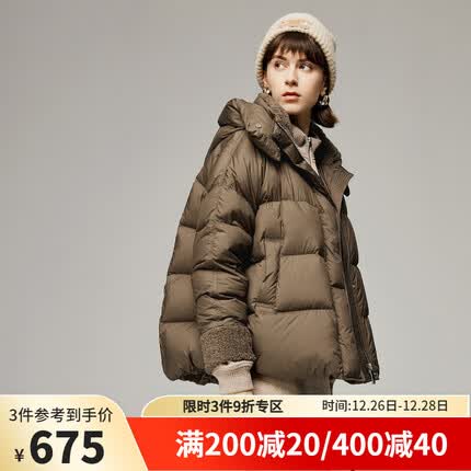 颜域翻领短款连帽羽绒服女冬装2023新款白鸭绒高端气质面包服外套 咖色 XL/42