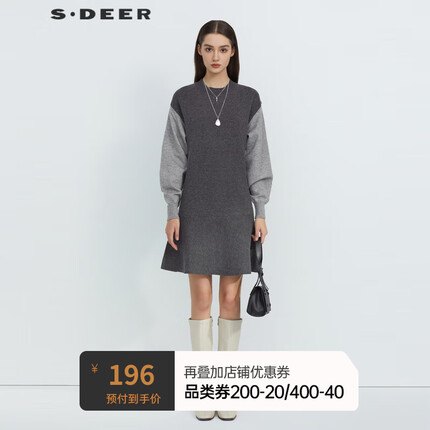 S.DEER圣迪奥女装罗纹圆领撞色拼接不规则针织衫S21463546 德国灰/87 S/160
