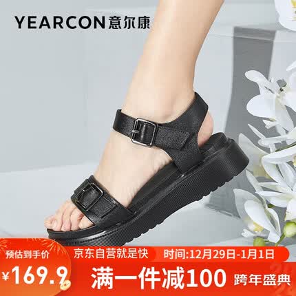 意尔康女鞋平底休闲透气凉鞋舒适百搭沙滩鞋27729W 黑色 40