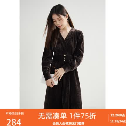 独束大码女装简约大气收腰连衣裙女冬新款复古泡泡袖丝绒中长款裙子 菊苣咖啡 L