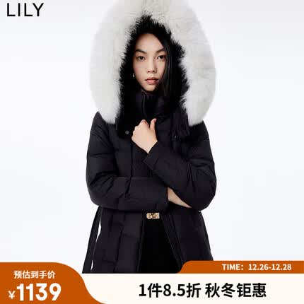 LILY2023冬新款女装保暖鸭绒狐狸毛连帽时尚通勤长款羽绒服外套女 510黑 M