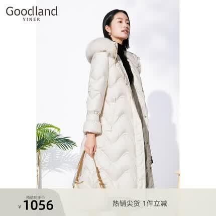 音儿(YINER)Goodland美地女装冬季长款狐狸毛领波浪条纹鹅绒长款羽绒服 白色 40