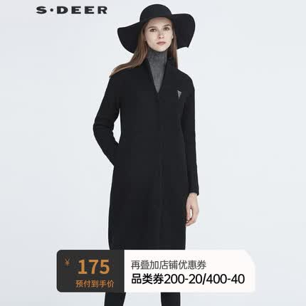 S.DEER女装时尚立领字母贴布直筒黑色长款毛呢大衣S194A1801 黑色/91 S/160