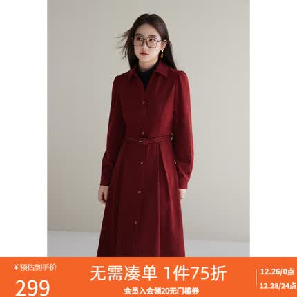 独束大码女装假两件衬衫领连衣裙女2023冬季新款日常通勤百搭衬衫裙 浆果红 XXL