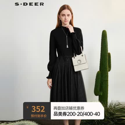 S.DEER【新】圣迪奥女装圆领网纱拼接泡泡袖连衣裙S231Z1226 黑色/91 L/170